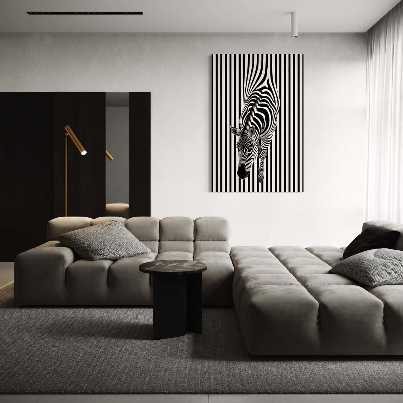 Zebra schilderij met verticale strepen in modern interieur met minimalistisch bankstel