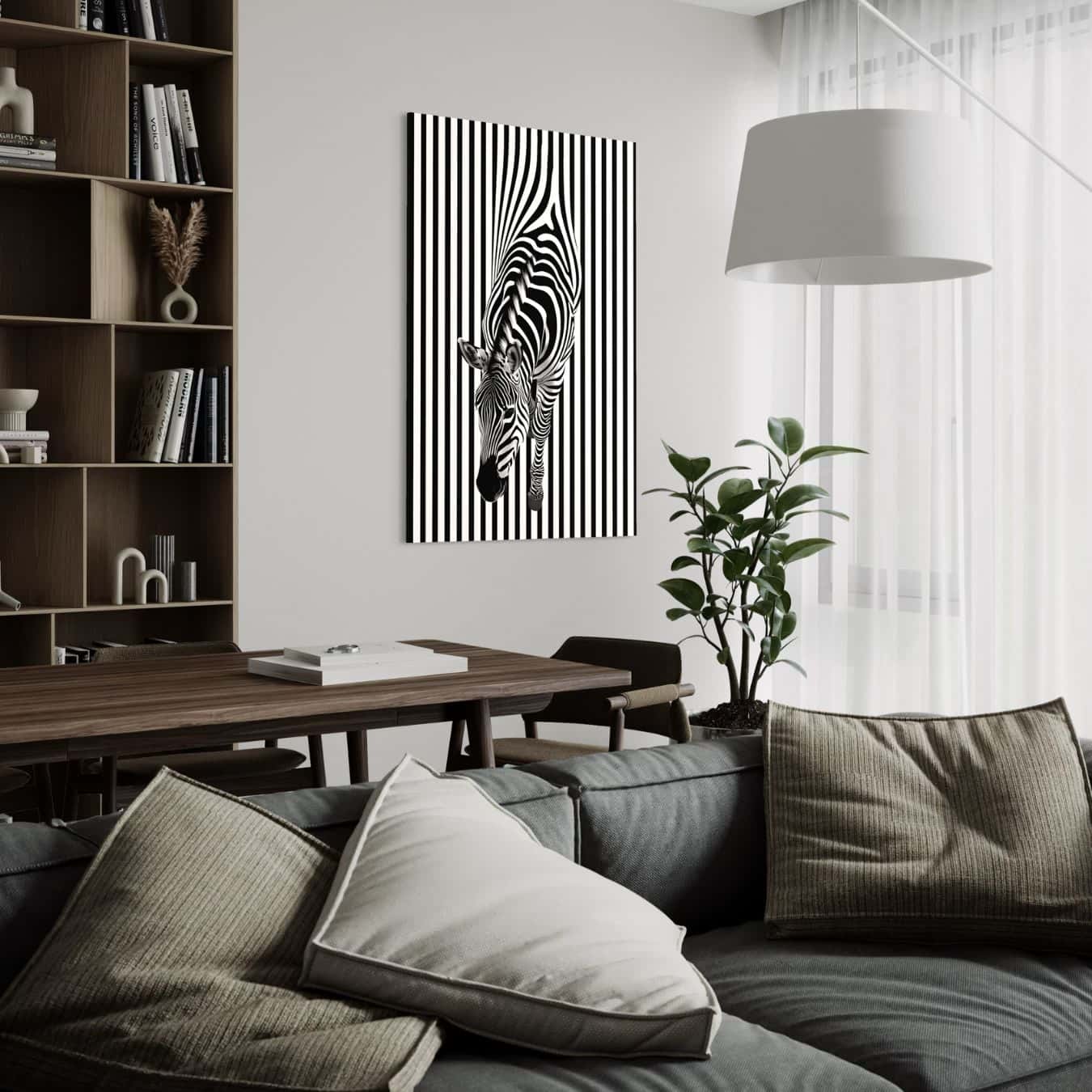 Zebra wanddecoratie met lijnenspel in sfeervolle eetruimte met boekenwand, planten en zacht licht
