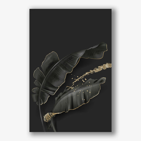 Moderne zwarte bladeren schilderij met goudaccenten op canvas