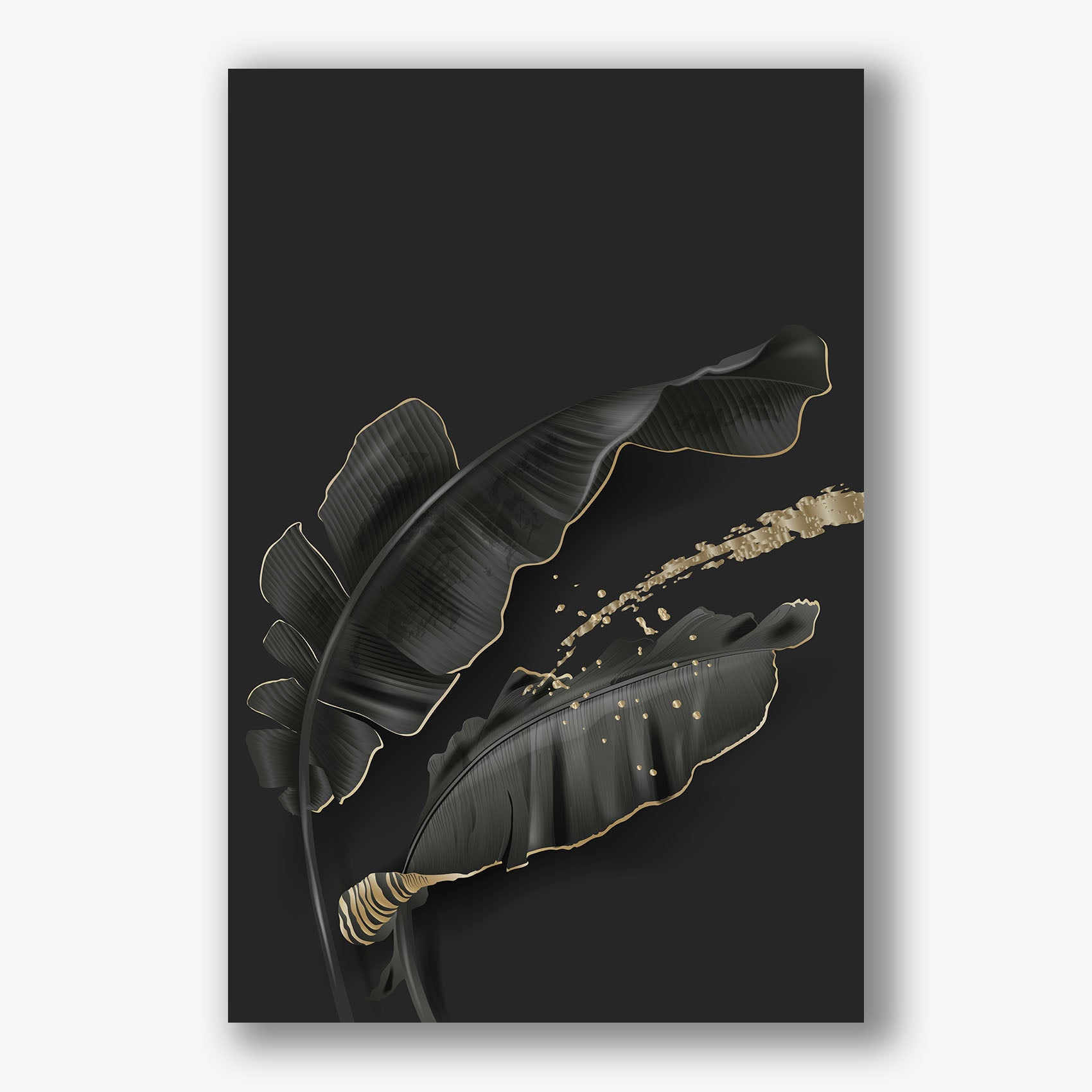 Moderne zwarte bladeren schilderij met goudaccenten op canvas