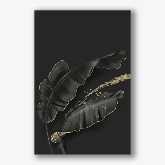 Moderne zwarte bladeren schilderij met goudaccenten op canvas