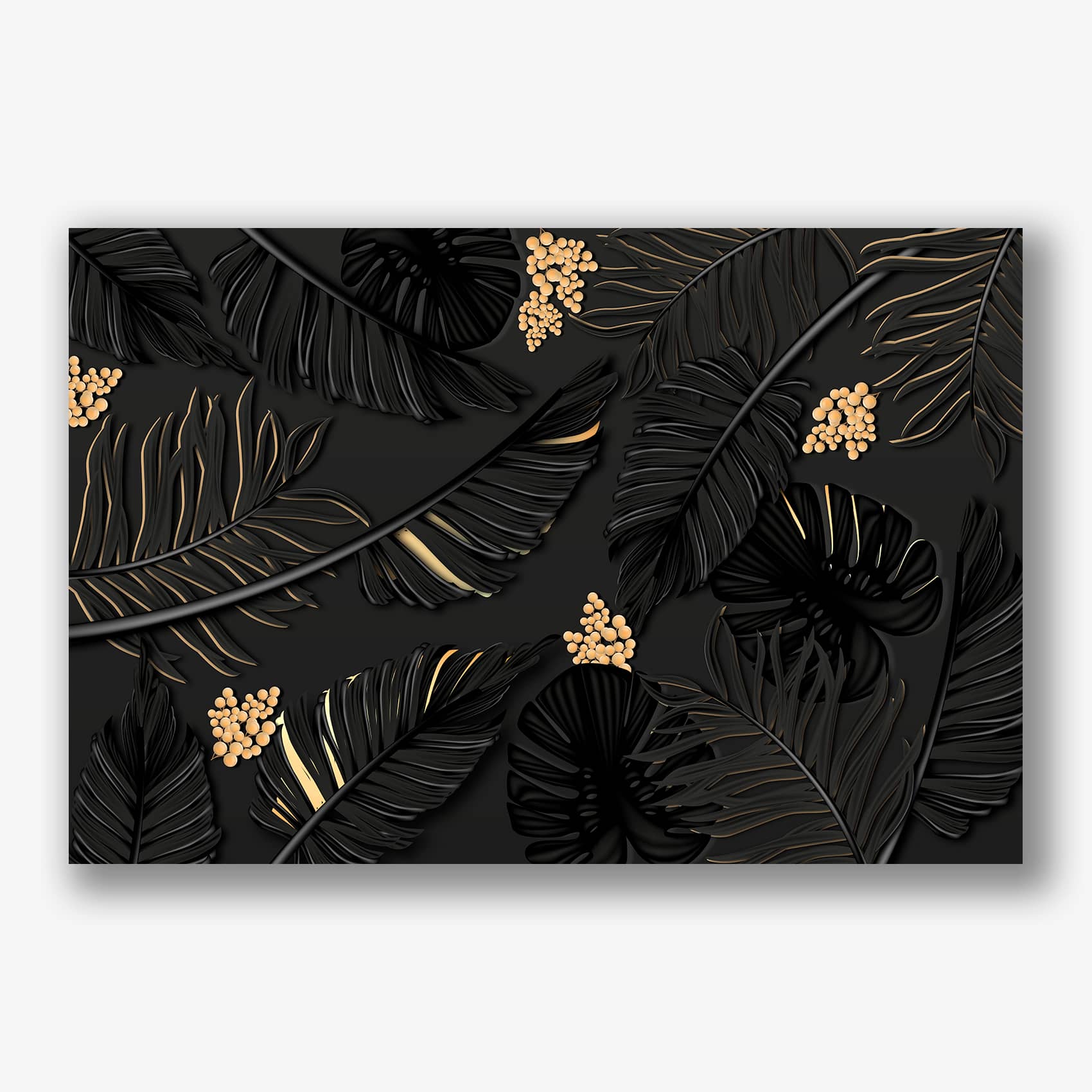 Stijlvol zwart bladeren schilderij met gouden details en besaccenten.