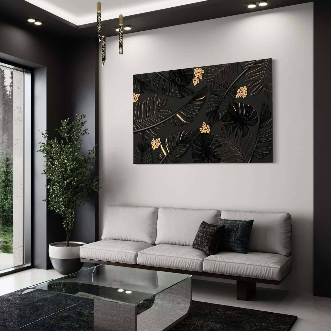 Zwart met goud bladdecoratie op canvas als moderne muurkunst in woonkamer.