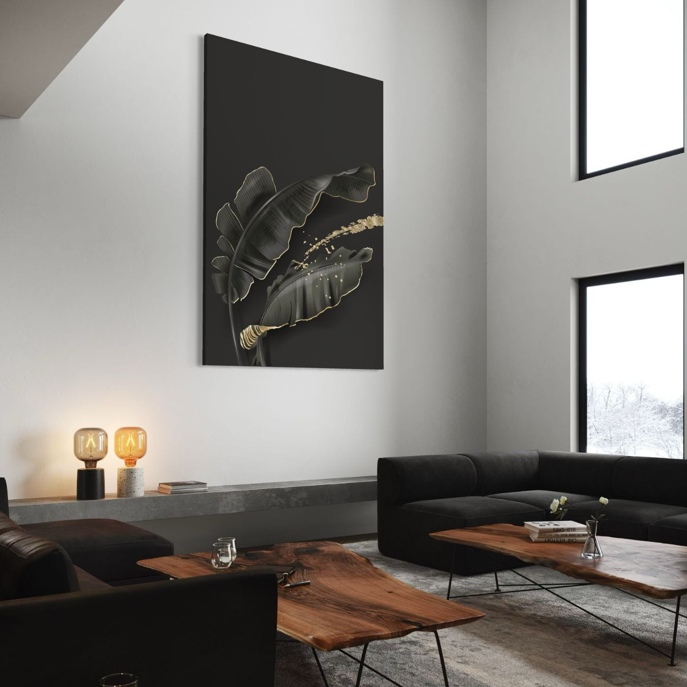 Zwart blad canvas schilderij met gouden details aan muur