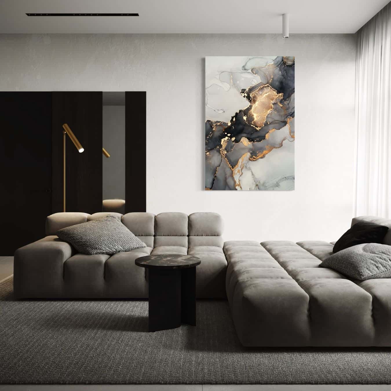 Abstract schilderij met zwart-goud-grijs marmerlook in een woonkamer
