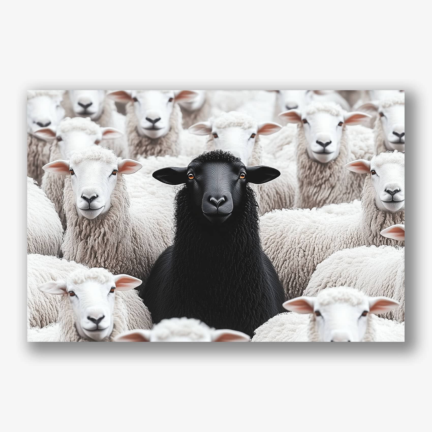 Canvas schilderij met zwart schaap tussen witte kudde schapen.