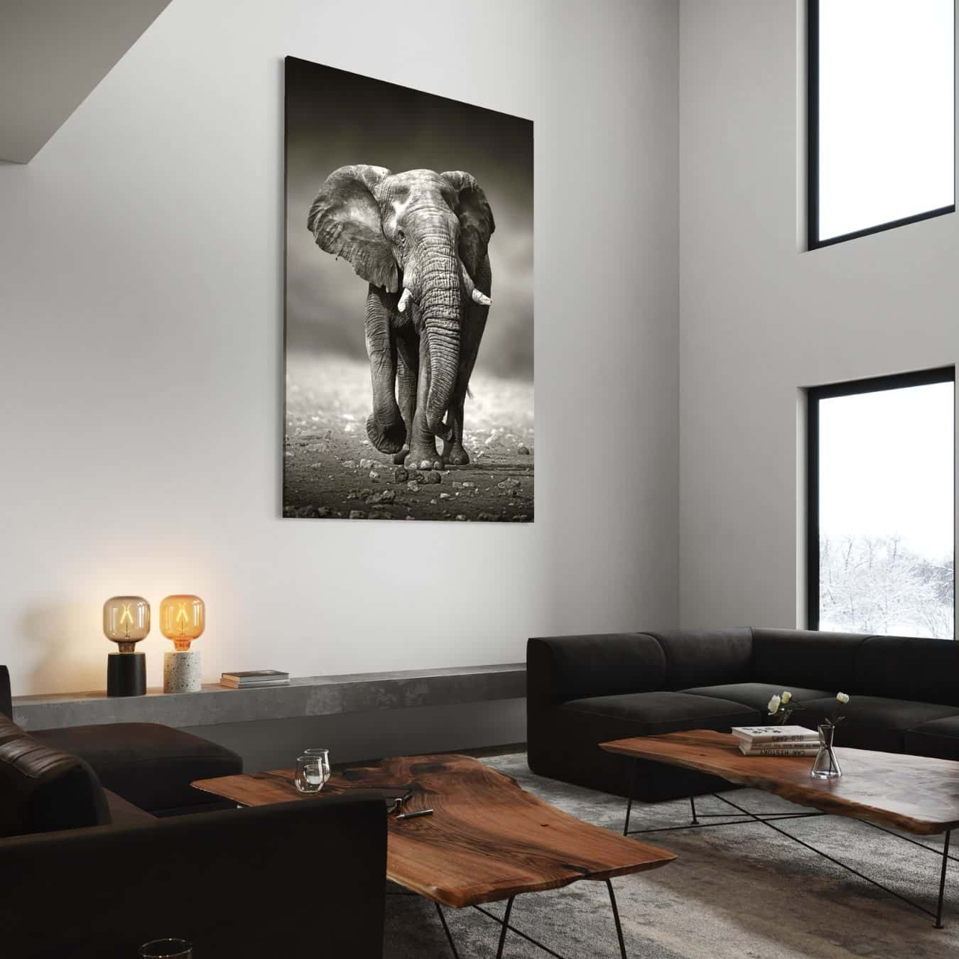 Grote woonkamer met hoge plafonds en zwart-wit schilderij van een olifant als muurdecoratie