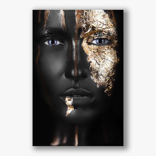 Schilderij met zwart gouden gezicht als moderne wanddecoratie kunst.